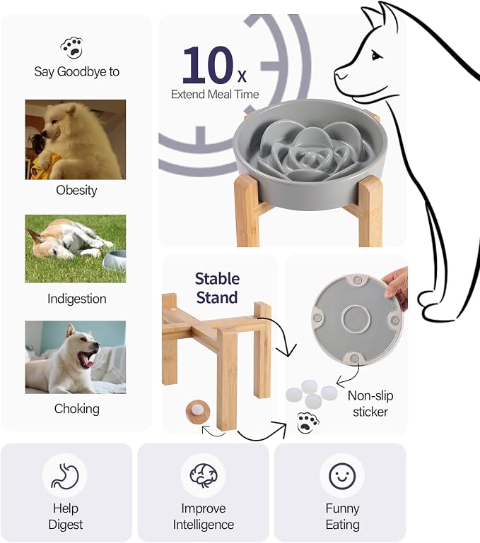 8.26 in Grey Dog Bowl Slow Feeder Ceramic for Medium and Large Breed,Elevated/Raised Slow Feeding Dog Food Water Dish Heavy Weighted,Puppy Dish for Fast Eaters,Puzzle Eating Bowl Modern Maze - Image 3