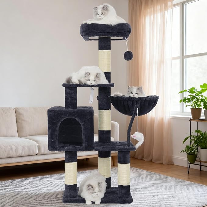 Heybly Cat Tree with Toy, 43.3 inch Cat Tower for Indoor Cats HCT004SG | Cat Condo with Durable Sisal Scratching Posts, Cat House with Padded Plush Perch, Cozy Hammock, Smoky Gray - Image 9