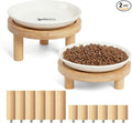 Shallow Elevated Cat Bowls, 2, White (Fish Bone), Bamboo Stand | 5.9 Inch Wide, Ceramic Dishes, Whisker Friendly, Raised Pet Food, Adjustable by Unknown