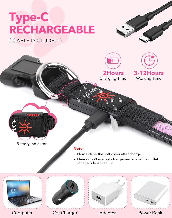 Weesiber Light Up Dog Collar, USB Rechargeable LED Dog Collar Glow in The Dark, Adjustable Reflective Waterproof Dog Collar Light for Night Walking(Pink, S) - Image 5