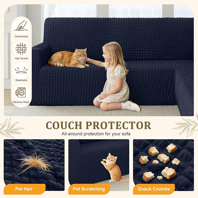 ALIECOM Corner Sectional Couch Covers Washable Sofa Cover L Shaped Couch Cover for Dogs Pets Stretch Soft Sectional Slipcovers with Non Slip Strips U Shape Furniture Protector (Bubble-Navy, Large) - Image 6