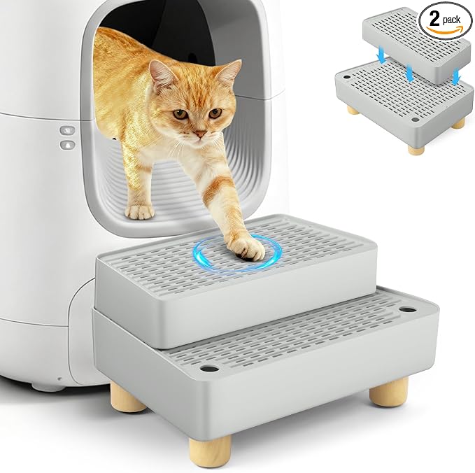 Extra Large 2 Steps Cat Litter Box Step Ramp, Cat Litter Catcher Mat with Wooden Feet, Filter Function, Cat's Pedal Stool for Self-Cleaning Litter, Suitable Kitten & Elderly Cats (Light Grey) by Bartuke