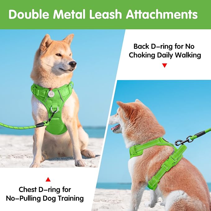 PoyPet Dog Harness and Leash Set, No Pull Vest with Front Clip and Handle | Escape Proof, Reflective, 3 Buckles, 2 D-rings, Adjustable, Soft Padded, 5 Feet Leash, for Walking Training, Green, M - Image 2
