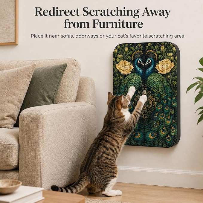 Cat Wall Scratcher, Art Cat Scratching Board for Indoor Cats | Wall Mounted Cat Scratch Pad, Water-Based Ink, Hook&Loop Strips, Floor or Wall Use, 16.7x11x1 Inch, Peacock 1 - Image 3