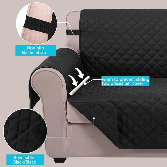 U-NICE HOME Loveseat Sofa Cover for 2 Cushion Couch, Black | 45''Loveseat Cover Washable, Pet Friendly, Elastic Straps, Water Repellent, Furniture Protector for 2 Cushion - Image 3