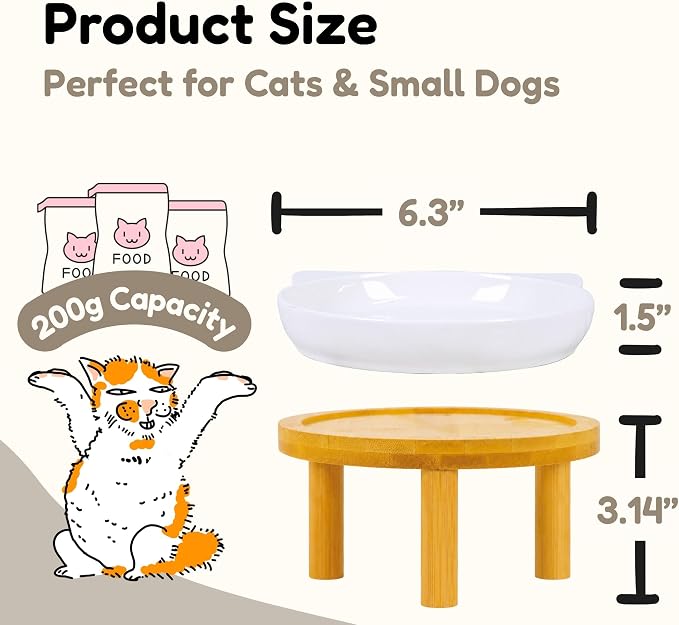 Elevated Ceramic Cat Bowls with Bamboo Stand for Cat Bowl, Whisker Friendly Shallow Cat Plate, Stable Raised Cat Food Riser for Indoor Cats (White, Set of 1) - Image 2