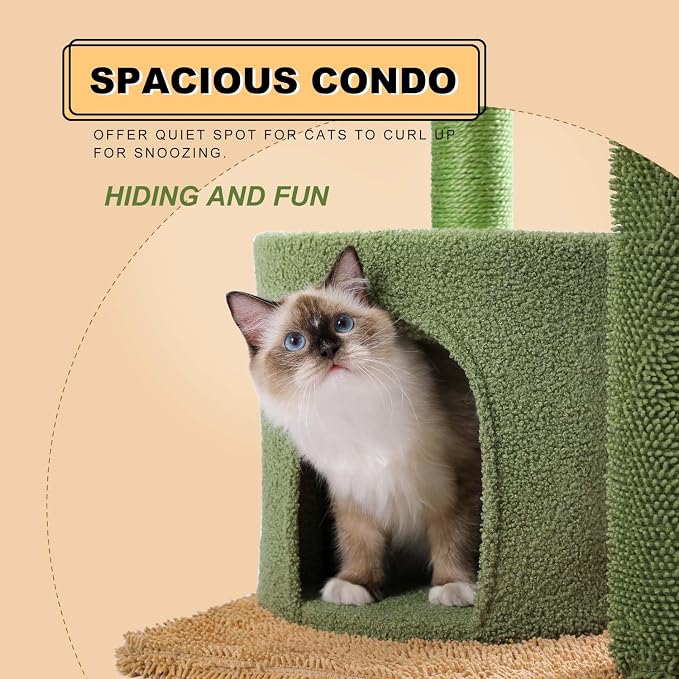 Cactus Cat Tree, Multi-Level Cat Tower with Large Metal Carpet Hammock, Cat Scratching Post for Indoor Cats with Condo & Replaceable Toy Ball, Green - Image 3