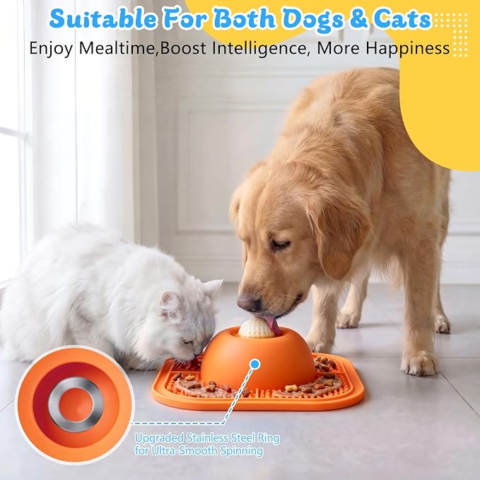 Slow Feeder Dog Bowls & Lick Mat for Liquid and Thick Treat, Anti-Slip Dog Lick Bowl with Interactive Rolling Ball, 5/6 Cup Pup Licking Toy for Large Medium Small Dogs and Cats-Large Orange - Image 4
