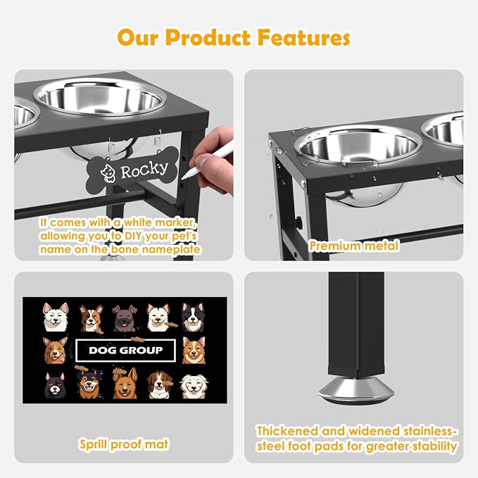4-Bowl Elevated Dog Bowl Stand – 4 Adjustable Heights with 58oz/1700ml Stainless Steel Bowls & Splash Pad for Medium & Large Breeds, Multi-Pet Households - Image 5