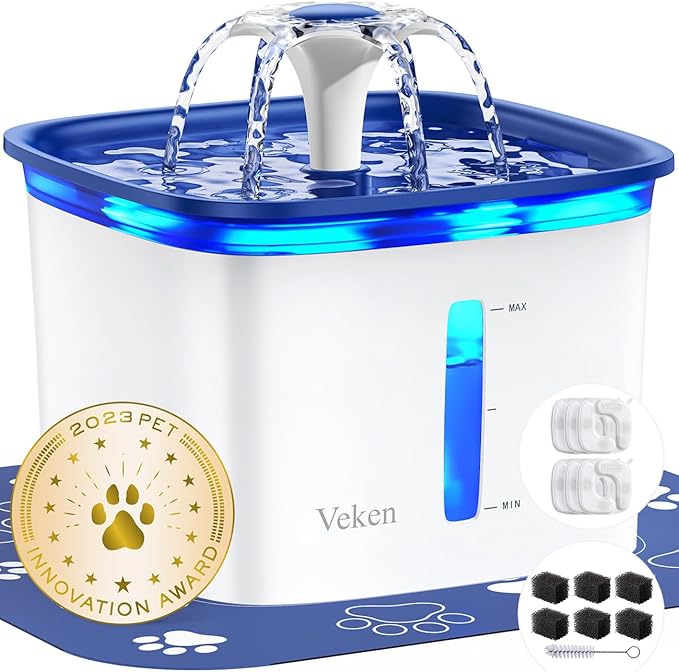 Veken Innovation Award Winner 95oz/2.8L Cat Water Fountain | Automatic Pet Fountain Dog Water Dispenser with 6 Replacement Filters & Silicone Mat for Cats, Dogs (Blue, Plastic) by Veken