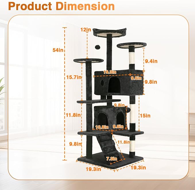 FDW | 54" Cat Tree Tower | Dark Gray | Multi-Level Indoor Activity Center | with Sisal Scratching Posts, Condos, Plush Perches, Hanging Cat Toys | Sturdy, Easy to Assemble | for Kittens & Adult Cats - Image 6