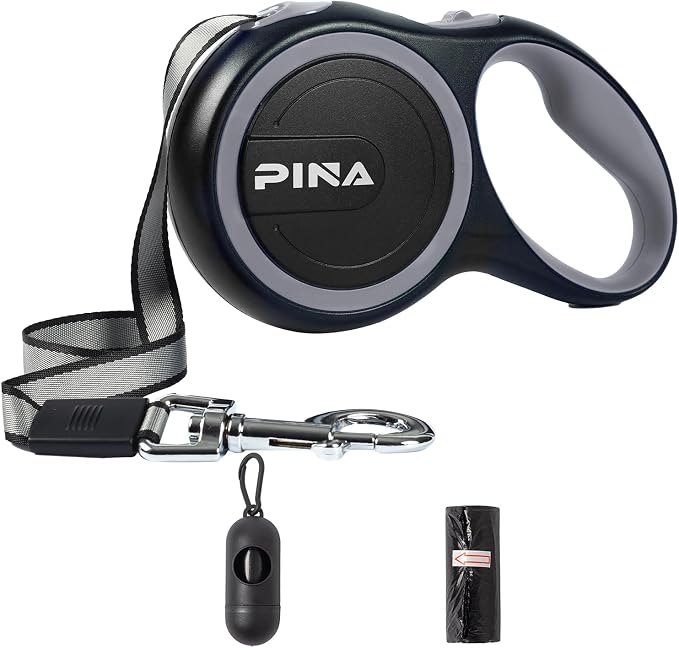 PINA Retractable Dog Leash, 26ft Dog Leash for Small Medium Large Dogs Up to 110lbs, 360° Tangle-Free Strong Reflective Nylon Tape, with Anti-Slip Handle, One-Handed Brake, Lock - Black Gray by PINA