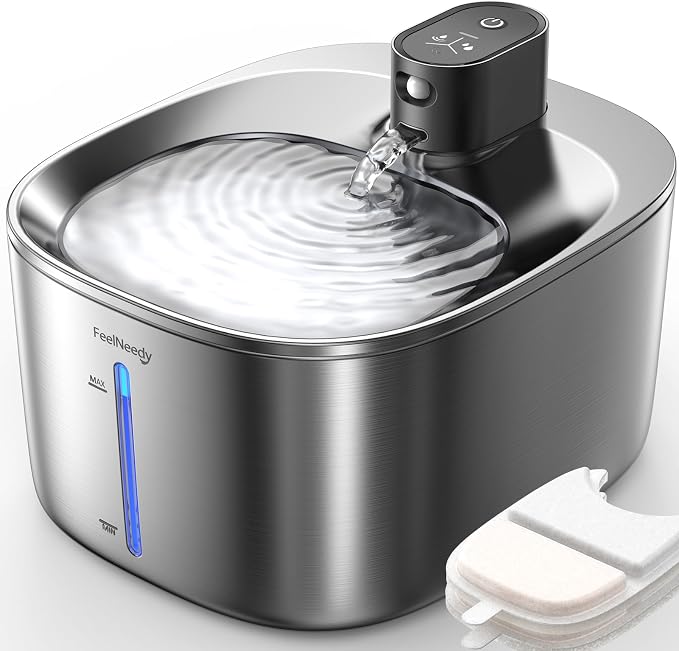 FEELNEEDY Wireless Cat Water Fountain Stainless Steel with Sensor, 4000mAh Battery Operated, 4L/135fl oz Pet Water Fountain for Cats Dogs, Ultra Quiet Cat Drinking Fountain with 2 Filters (YPD-C004S) by FEELNEEDY