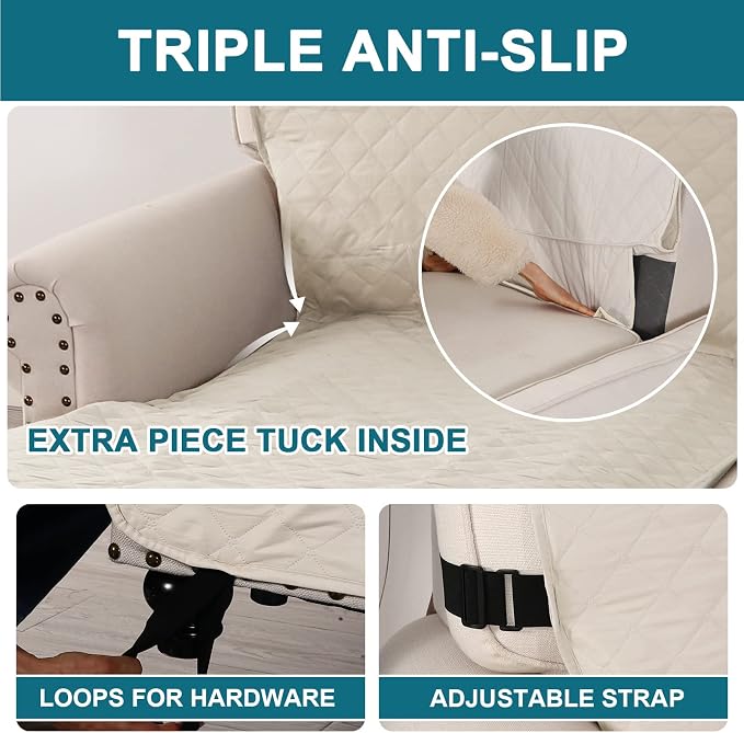 Turquoize 100% Waterproof Sofa Covers Chaise Lounge L Shape Sofa Protector Slip Cover Triple Non-Slip Sofa Slipcover for Sectional Couch Cover for Pets, Kids (Chaise, Ivory) - Image 4
