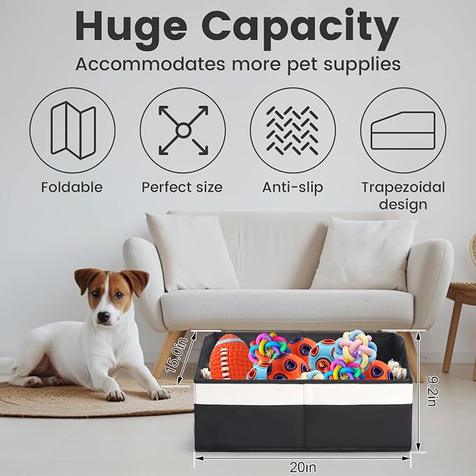Large Dog Toy Basket with Handle, Foldable Dog Toy Box for Living Room Area , 20" Basket for Dog's Supplies, Organizer and Storage with Hard Board, Anti-Slip for Pet Toys (Black, Medium 20"×15") - Image 2