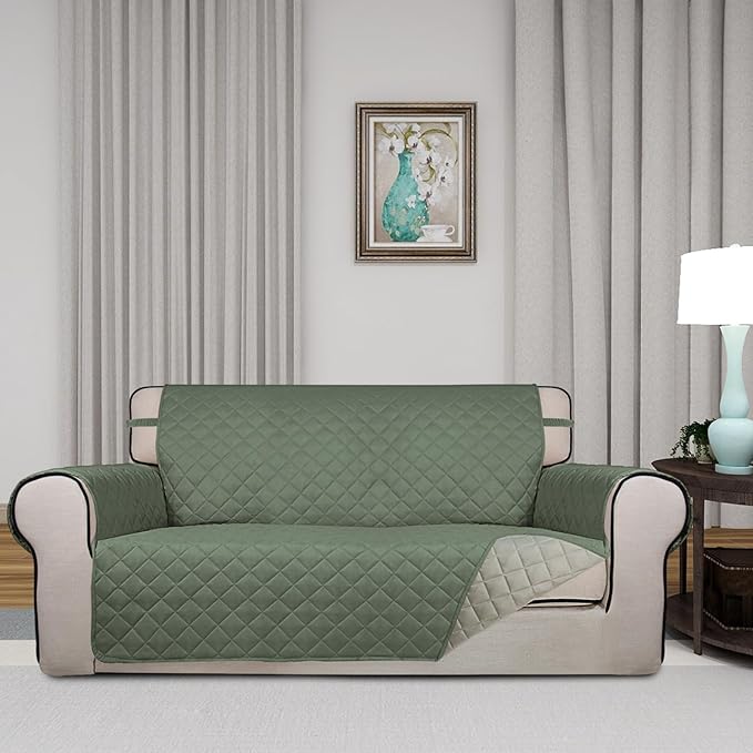 PureFit Reversible Quilted Couch Covers for Dogs Loveseat Sofa Cover 54" | Greyish Green/Beige, Water Resistant Couch Protector, Washable Pet Couch Cover with Non Slip and Elastic Straps For Kids - Image 2
