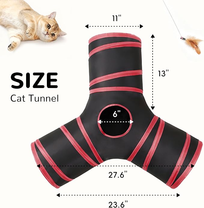 Tempcore Cat Tunnel for Indoor Cats, 3 Way Collapsible Pet Play Tunnel with Teaser Wand, Peek Holes & Hanging Ball, Interactive Tube for Kittens & Rabbits, Black & Red - Image 2