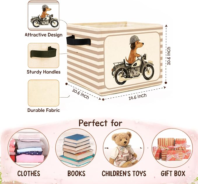 Motorcycle Dog Storage Bin, Beige Stripe Foldable Fabric Basket | Cute dog rider collapsible fabric organizer for nursery, bedroom, playroom, toys, books, and clothes - Image 4