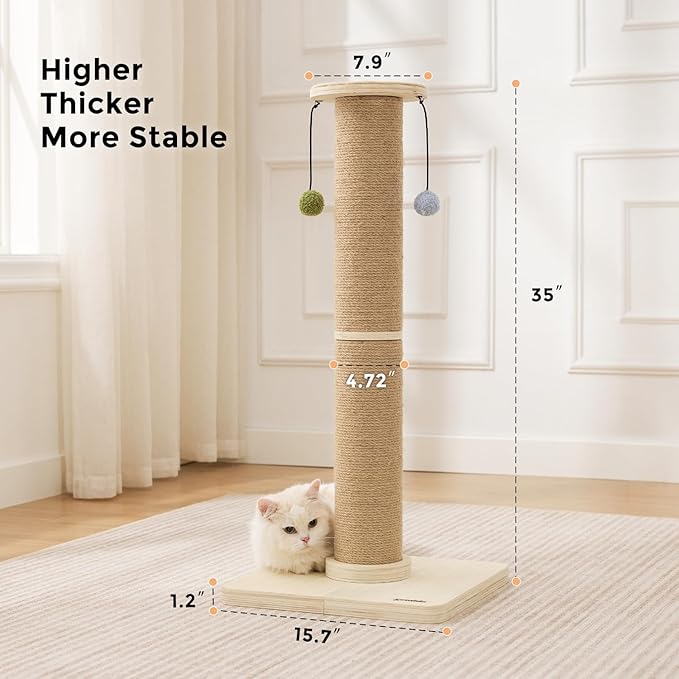 ZOMISIA 35'' Tall Cat Scratching Post for Indoor Cats Adults | 4.7'' Large Scratch Post, Thicken Wooden Base, Sisal Scratcher Top & Dangling Balls, Super Sturdy - Image 4