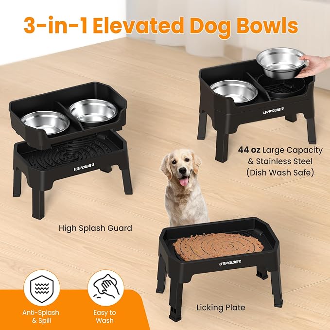 URPOWER Elevated Dog Bowls, 3-in-1 Double Deck Raised Dog Bowl Stand | 4 Height Adjustable Raised Stand with 2 Stainless Steel Food Bowls & Licking Plate for Small, Medium & Large Dogs - Image 4