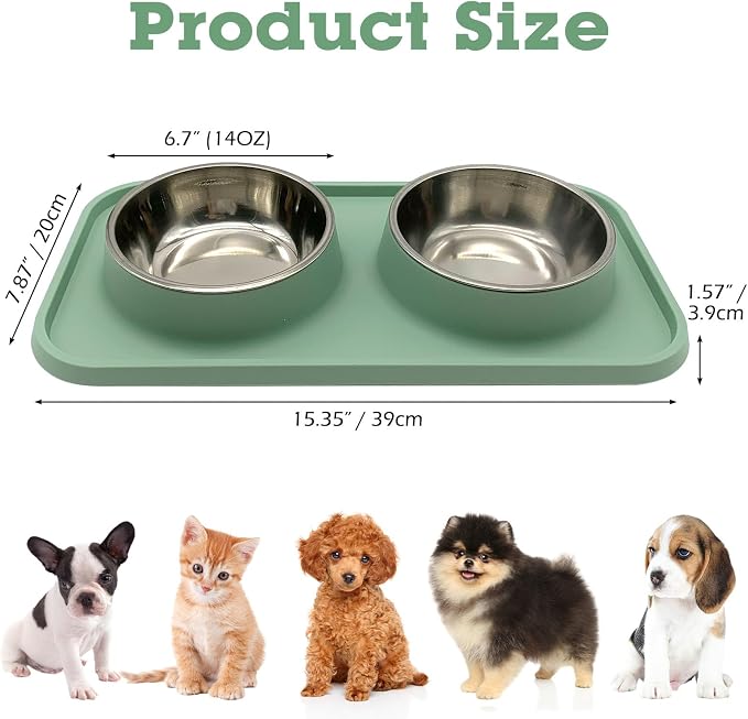 BNOSDM Double Dog Food Bowls Stainless Steel Dog Food and Water Bowls with Non-Spill Plastic Mat Pet Cat Feeder Bowl Set for Puppy Cats Kitten Small Dogs, Dark Green - Image 6