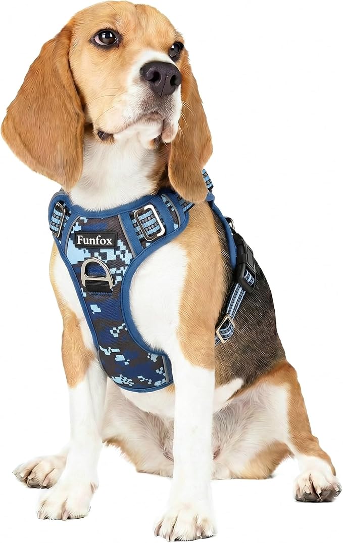 Dog Harness No Pull, Adjustable Pet Vest Harness, Super Soft Material with Vertical Handle Easy Control, Reflective Night Walking, 2 Leash Clips for Medium Sized Dogs, Mosaic Blue, M by MyFUNFOX