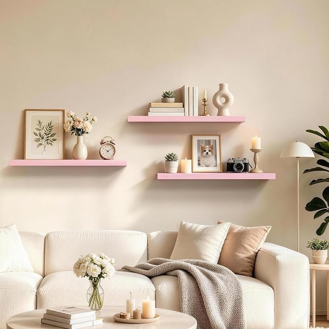 BAYKA Pink Floating Shelves 22.5in, Set of 2, Wall Mounted for Wall Decor | Easy Install, 22lbs Max Load, Hidden Bracket, Hanging Shelf for Books Nursery Plants Perfume Storage, Multi-Wall Compatible - Image 4
