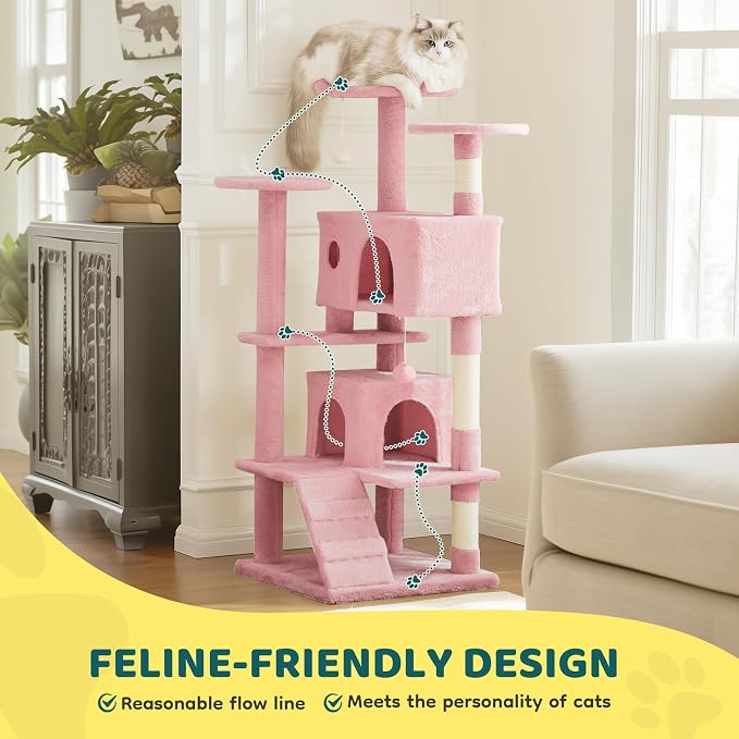 Sweetcrispy 54-inch Cat Tree Tower with Scratching Posts, Indoor Use | Multi Level Indoor Cat Tree Condo with Climbing Ladder, Plush Toy, Play House for Kitten, Pink - Image 2