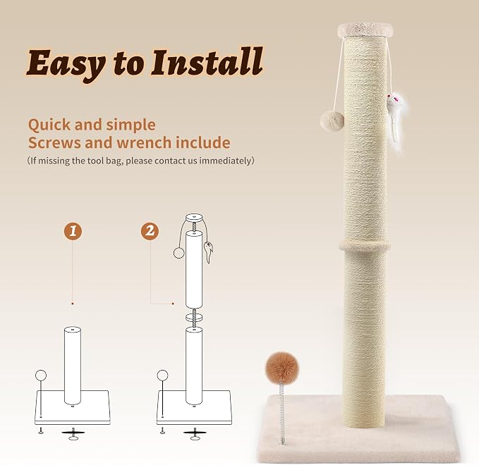 36 Inch Tall Cat Sisal Scratching Post for Indoor Cats, Beige | Natural Sisal, Sturdy Base, Interactive Toys, Full Stretch, For Kittens and Adult Cats - Image 8