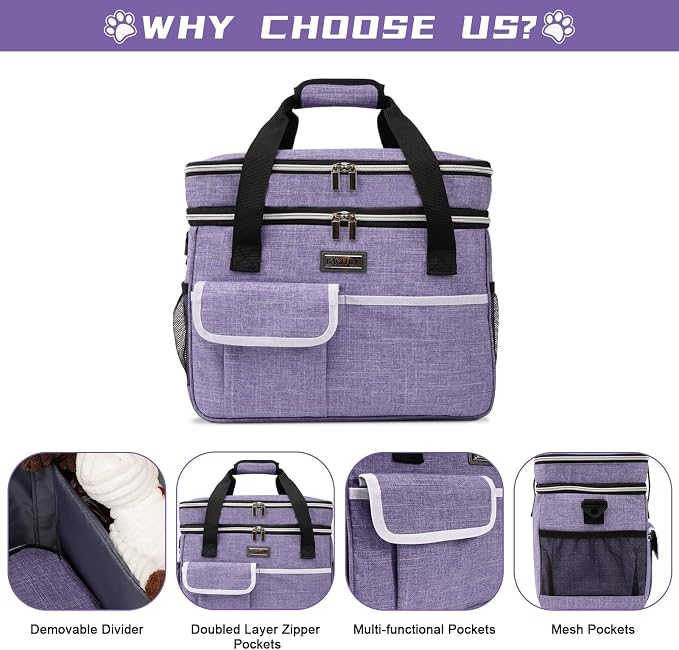 BAGLHER Dog Travel Bag for Supplies - Double-Layer Airline Approved Weekend Pet Travel Organizer Set for Dog and Cat Tote with 2 Pet Food Containers and 2 Collapsible Silicone Bowls Purple - Image 3