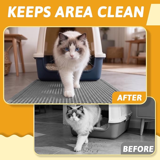 Pieviev Cat Litter Mat, Double-Layer Waterproof Litter Trap, 24" x 15" Gray | Honeycomb Design Catches Scattered Particles to Stop Tracking, Urineproof Base Protects Floors, Easy to Clean - Image 5