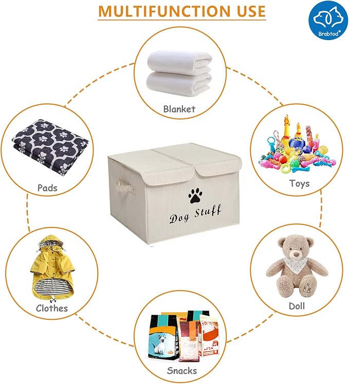 Large Dog Toys Storage Box Canvas Storage Basket Bin Organizer with Lid - Collapsible Linen Bin Ideal for Organizing Dog Cat Toys and pet Stuff-PP Boad-17" x 12" x 10" - Slub Beige - Image 4