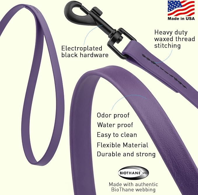 Dogline Biothane Waterproof Dog Leash Strong Coated Nylon Webbing with Black Hardware Odor-Proof Easy to Clean High Performance for Small or Large Dogs Made in USA 2 ft Lead, Violet Purple - Image 2