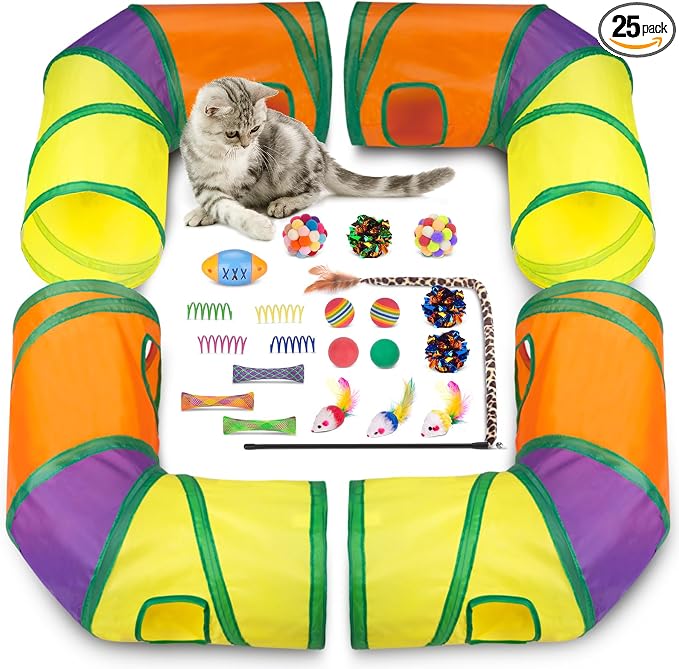 Retro Shaw Interactive Cat Toys for Indoor Cats Kitten,Relieve Bored,25PCS | 4PCS Collapsible Tunnels, Large, Safe and Durable, Kitten Game Hiding Spot Self-Play Chase Exercise by RetroShaw