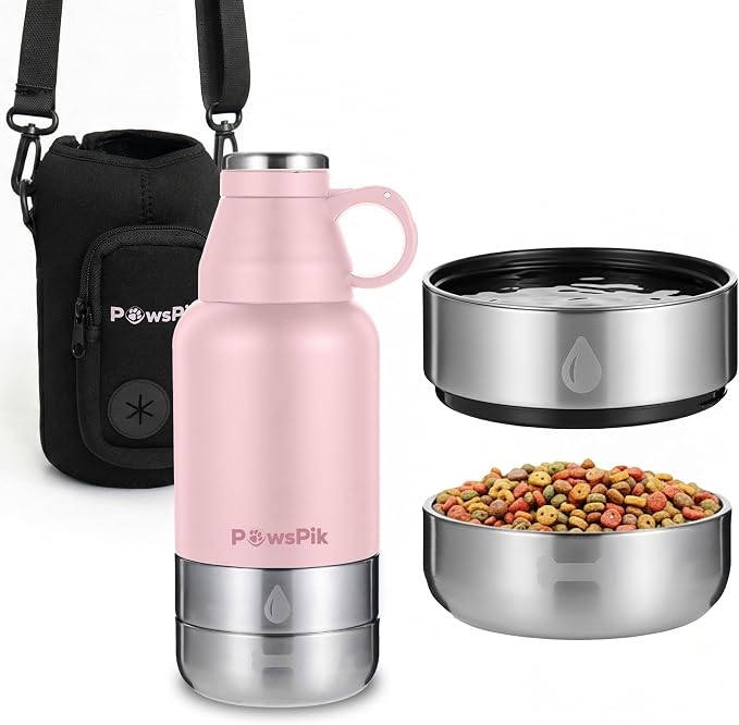 PawsPik 3-in-1 Travel Dog Water Bottle & Bowl Set, 32oz, Pink | Stainless Steel Vacuum-Insulated Bottle with Detachable Food & Water Bowls, Leak-Proof, Keeps Water Cold 12hrs/Hot 6hrs by PawsPik