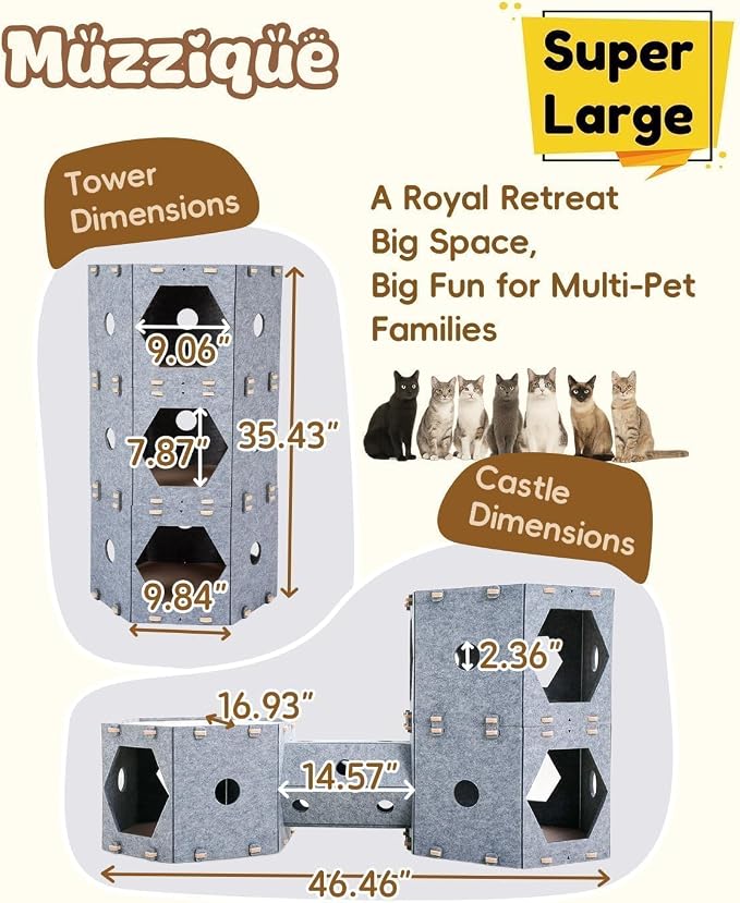 Thickened Felt Cat House, with Hair Brush, Large Cat Castle, Cat Tunnel Bed | Indoor Cats DIY Connectable Expandable Modular Pet Condo, Kitten Hideaway Play Cave, Enclosed Sturdy Multi Rabbit/Puppy Cube - Image 8