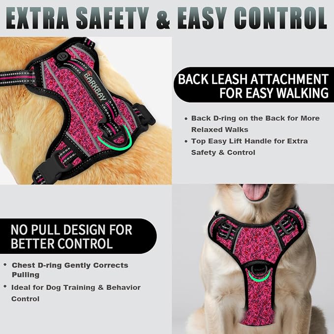 BARKBAY No Pull Dog Harness Large Reflective Dog Harness with Front Clip and Easy Control Handle for Walking Training Running with ID tag Pocket(Pink/Black,XL) - Image 3