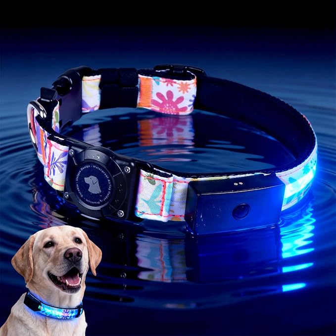 LED AirTag Dog Collar - Brightest Light Up Dog Collars, Flower XL | IP68 Waterproof Air Tag Dog Collar Holder, 1,600 Feet of High Visibility, Magnetic Charging, Dog Lights for Night Walking by Unknown