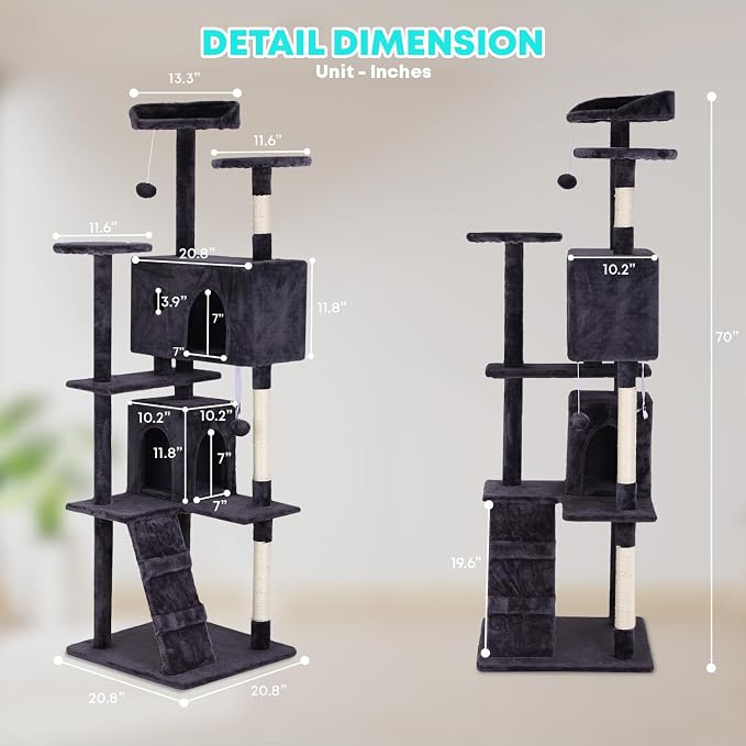 FDW | 70" Cat Tree Tower | Ashy | Multi-Level Indoor Activity Center with Sisal Scratching Posts, Condos, Plush Perches, Hanging Cat Toys | Sturdy, Easy to Assemble | for Kittens & Adult Cats - Image 7