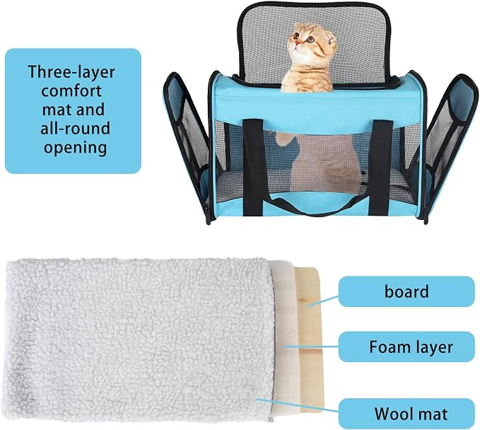 Cat Carrying Case - Pet Carrier Airline Approved, Protable and Breathable Pet Travel Carrier Removable Fleece Pad, Collapsible Cat Carrier Dog Carrier for Medium Cats Small Cats Dogs(Medium, Blue) - Image 4