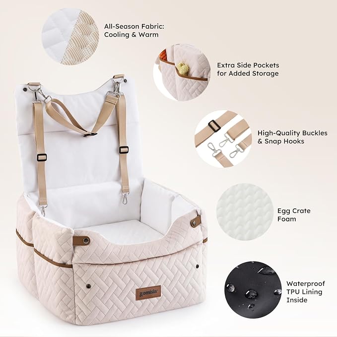 ZOMISIA Elevated Dog Car Seat for Medium Dogs, 3 Adjustable Heights with 2 Egg Crate Foam Boosters 4"+2", Dual-Sided Cooling&Plush Waterproof Cover, 2 Safety Leashes & Buckles, Beige - Image 6