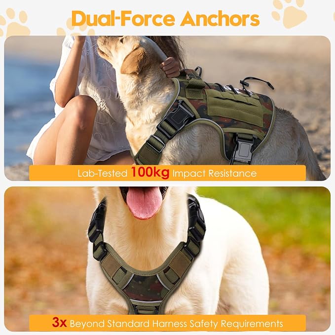 Heavy-Duty Tactical Dog Harness for Large Dogs, No Pull Adjustable Reflective Pet Vest with Molle System, K9 Military-Grade Control for Service Training, Outdoor & 10+ Breeds, Green Camo, Large - Image 4