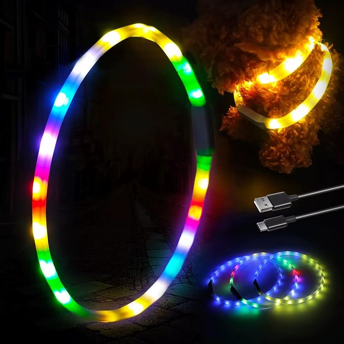 Light Up RGB Dog Pet Collar Multicolor Rainproof, LED USB C Rechargeable Glow in The Dark Collar for Night Walks, Soft Silicone Collar Cuttable for Small Medium Large Dogs 15 Color Modes - Image 5