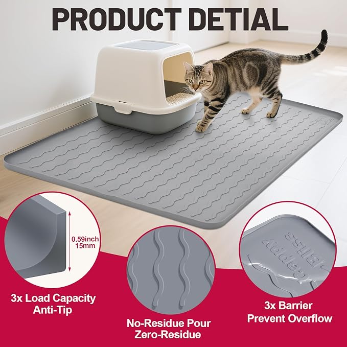 Cat Litter Mat, 34"x22" Waterproof Silicone Pad, Gray | Large Size, Urine-Proof Pad, Litter-Trapping Waves, Non-Slip, Easy Clean, Paw-Safe, for Litter Box, Floor Mat - Image 2