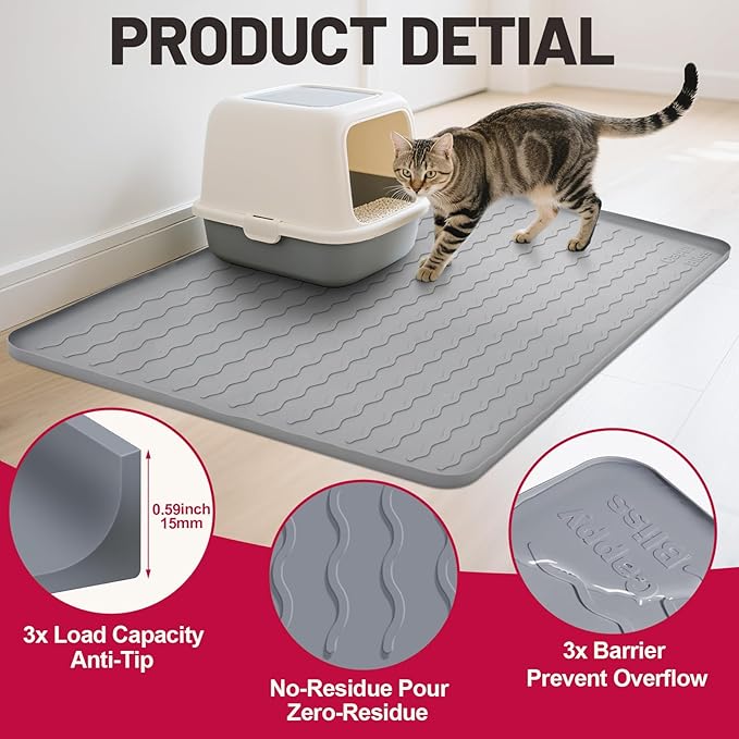 Cat Litter Mat, 34"x22" Waterproof Silicone Pad, Black | Large Size, Urine-Proof Pad, Litter-Trapping Waves, Non-Slip, Easy Clean, Paw-Safe, for Litter Box, Floor Mat - Image 2