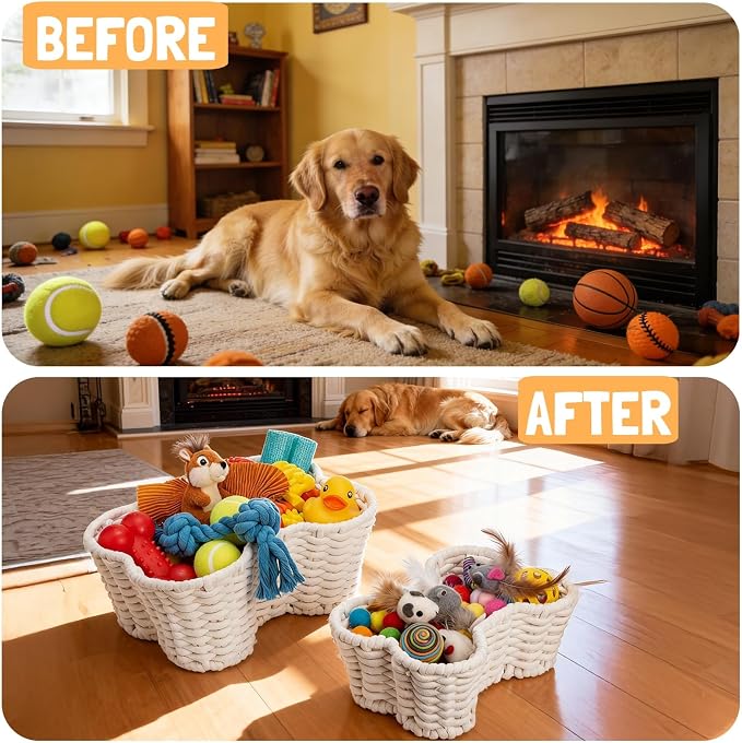 ZAVOOS 2 Pack Dog Toy Basket, Handwoven Bone Shape | Cotton Rope Pet Food Storage Baskets, Pet Supplies Organizer Bin for Chew Toys, Blankets, Treats, Leashes, 2 Sizes - Image 5