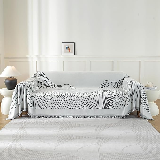 Couch Cover for Sofa, Boho Sofa Cover Washable Couch Cover for Dogs, Pet Sofa Cover for 1-Cushion Couches with Tassel Furniture Protector Cover,71" x 91",Dark Gray-Wave by YSTELLAA