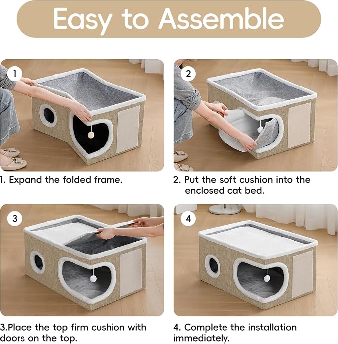 Extra Wide Cat Houses for Indoor Cats, Large Covered Cat Bed Cave | Foldable Kitten Bed House with Fluffy Ball and Scratch Pad, Large Cat Condo Tent for Multiple Pets, 23.6x16x13 inches, Khaki‌ - Image 7