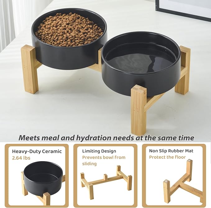 Elevated Ceramic Dog Bowl Set - Raised Dog Bowls with Non Slip Bamboo Stand, Food and Water Bowl Set for Kitty, Cats and Toy Breed Dogs, Pet Bowls, Weighted Dogs Dishes (5.1'', 2*16OZ, Black) - Image 5