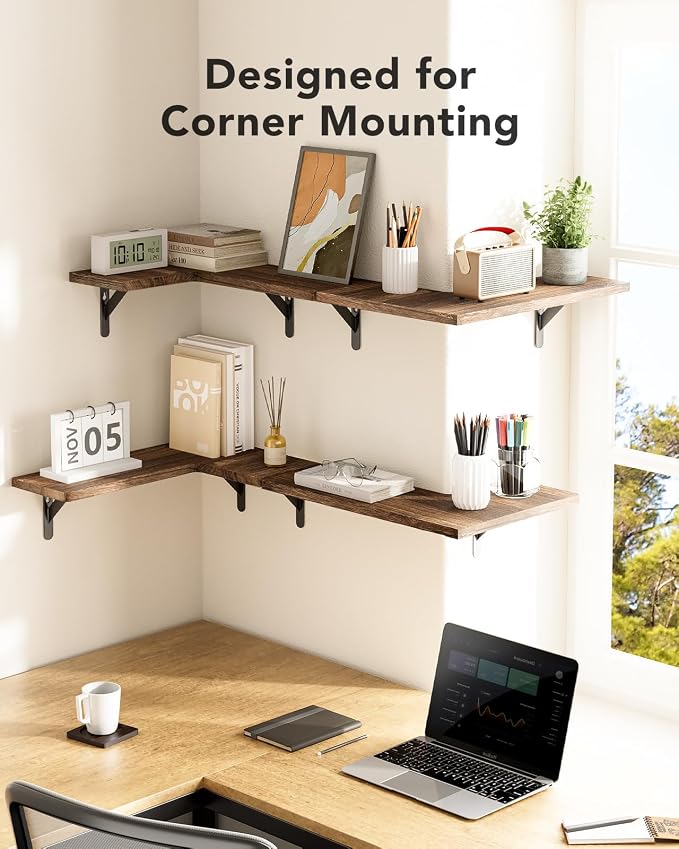 Amada Corner Floating Shelves, Paulownia Wood, Set of 4, Brown | Corner Wall Shelves with Triangular Metal Bracket, 44 lbs Capacity per Shelf, L-Shaped Design for Home Decor, Office, Bedroom - Image 6